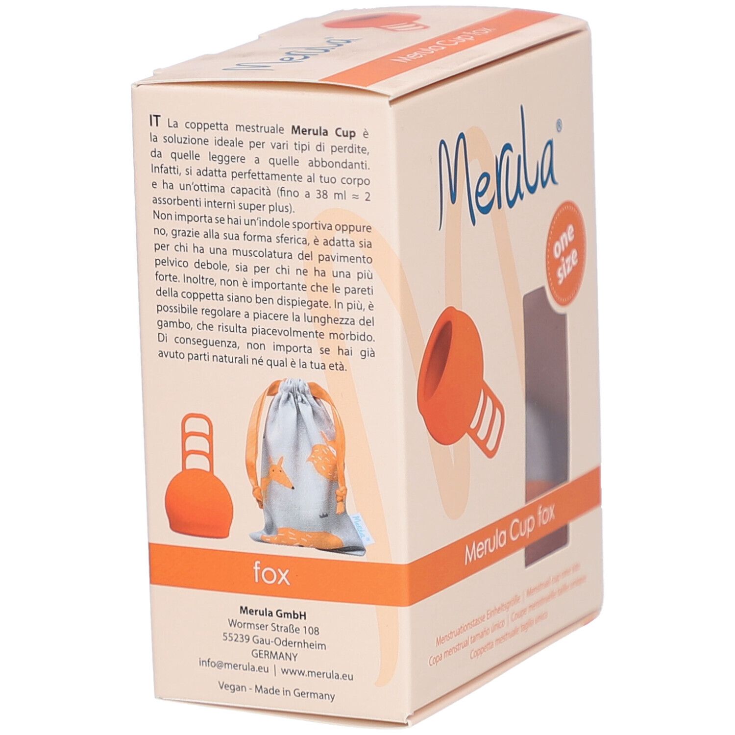 Boîte Merula Cup fox. Illustration de la coupe et du sac. Texte: Merula Cup fox.