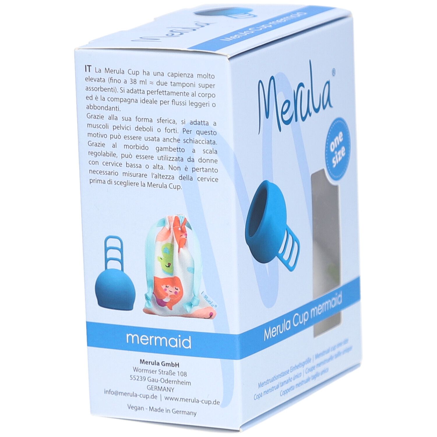 Boîte Merula Cup mermaid, coupe menstruelle bleue et pochette. Texte et logo sur l'emballage.