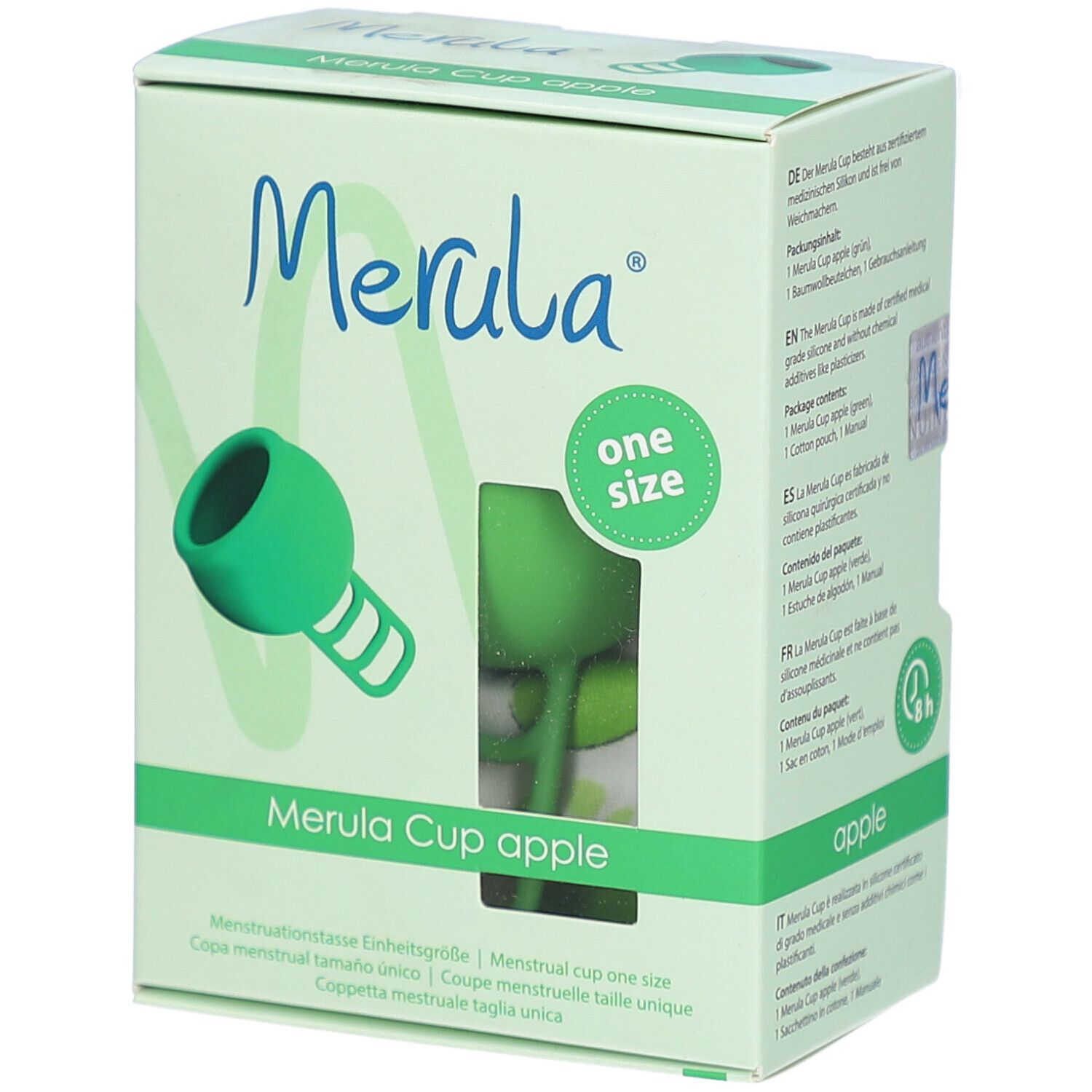 Boîte de la coupe menstruelle verte. Inscription: Merula Cup apple, taille unique.
