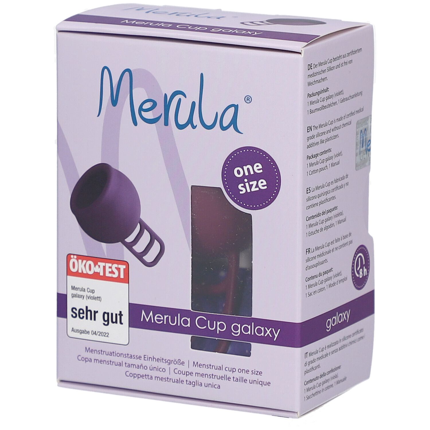 Boîte Merula Cup Galaxy (violet). Logo en haut à gauche. "One size" en haut à droite. "Sehr gut" d'Öko-Test en bas.