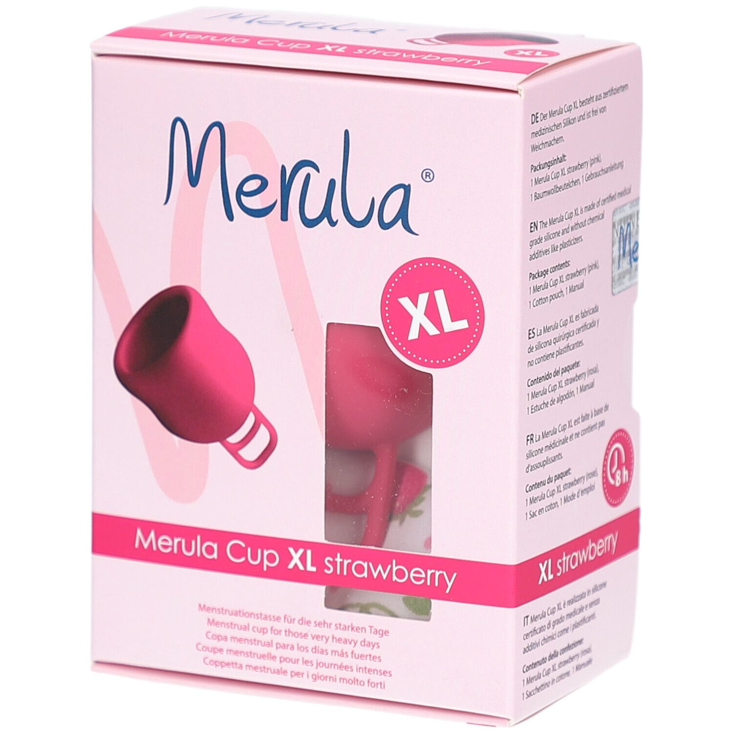 Boîte rose Merula Cup XL. Inscription: Merula, XL, fraise. Coupe menstruelle. Fenêtre avec coupe visible.