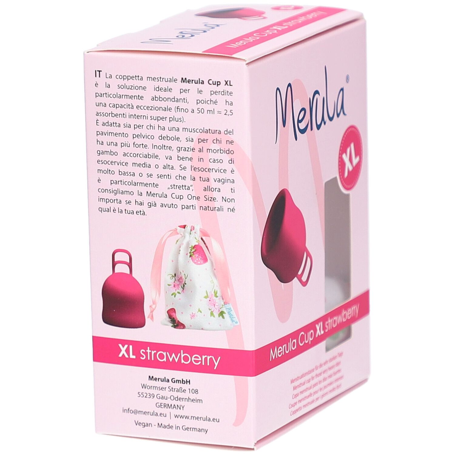 Emballage Merula Cup XL rose. Inscription: Merula, XL, fraise. Texte au dos. Pochette et coupe visibles.