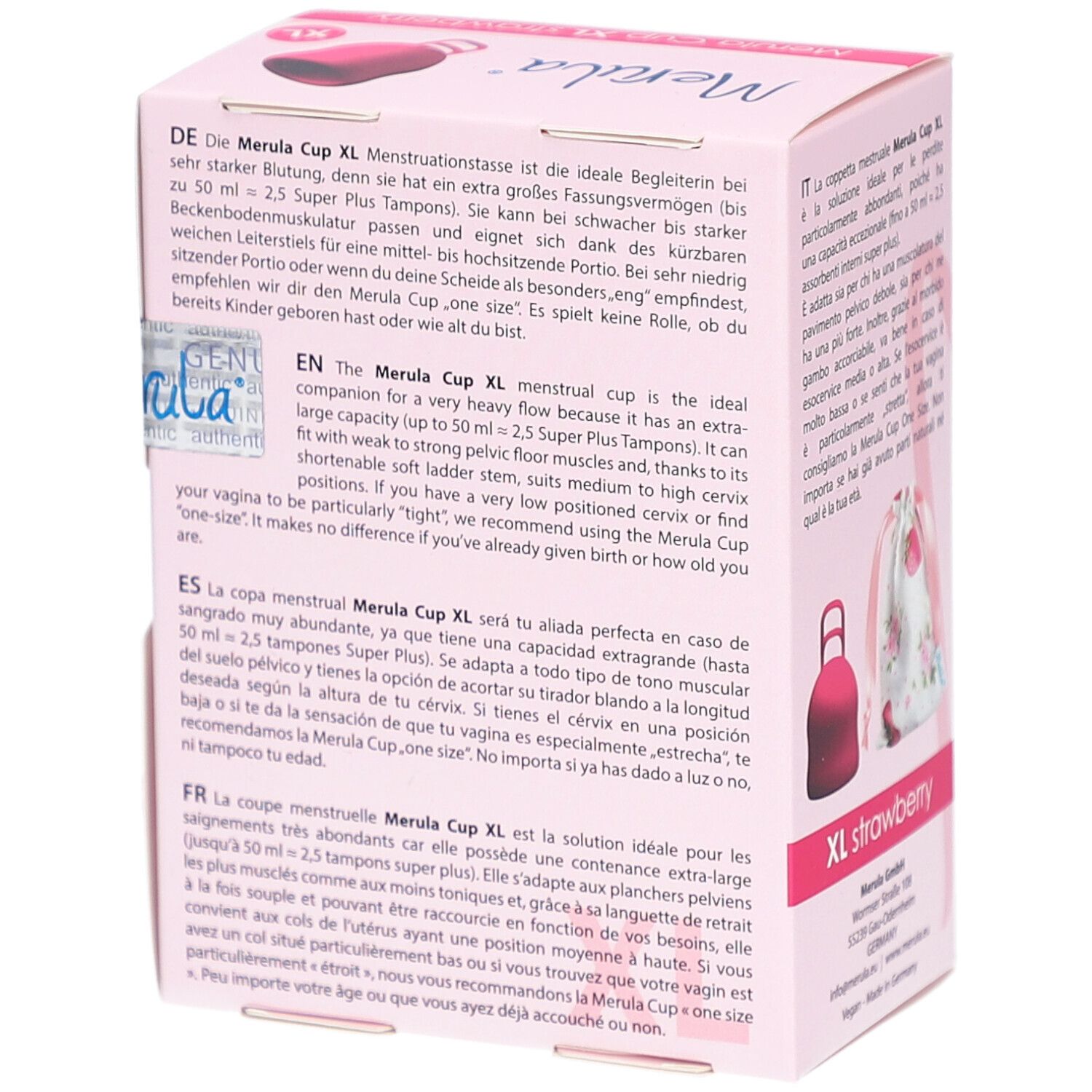Emballage Merula Cup XL rose. Inscription: Merula, XL, fraise. Texte sur l'emballage. Vue arrière.