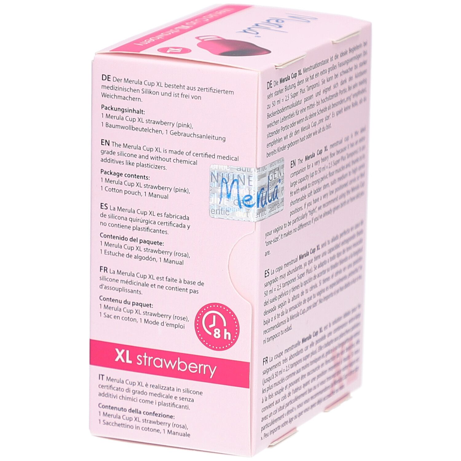 Emballage Merula Cup XL rose. Inscription: Merula, XL, fraise. Texte sur l'emballage. Vue détaillée.