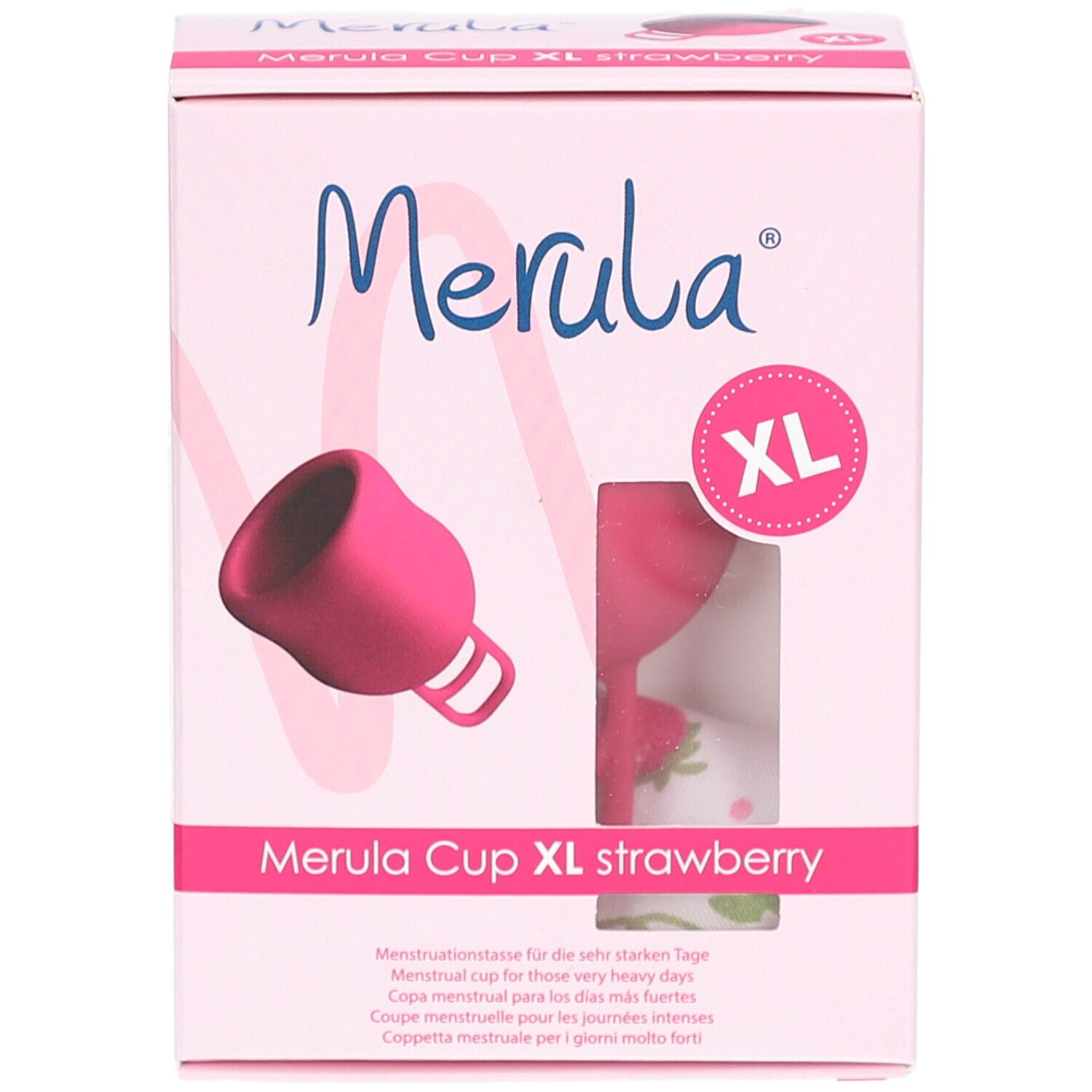 Boîte rose Merula Cup XL. Inscription: Merula, XL, fraise. Coupe menstruelle. Fenêtre avec coupe visible.