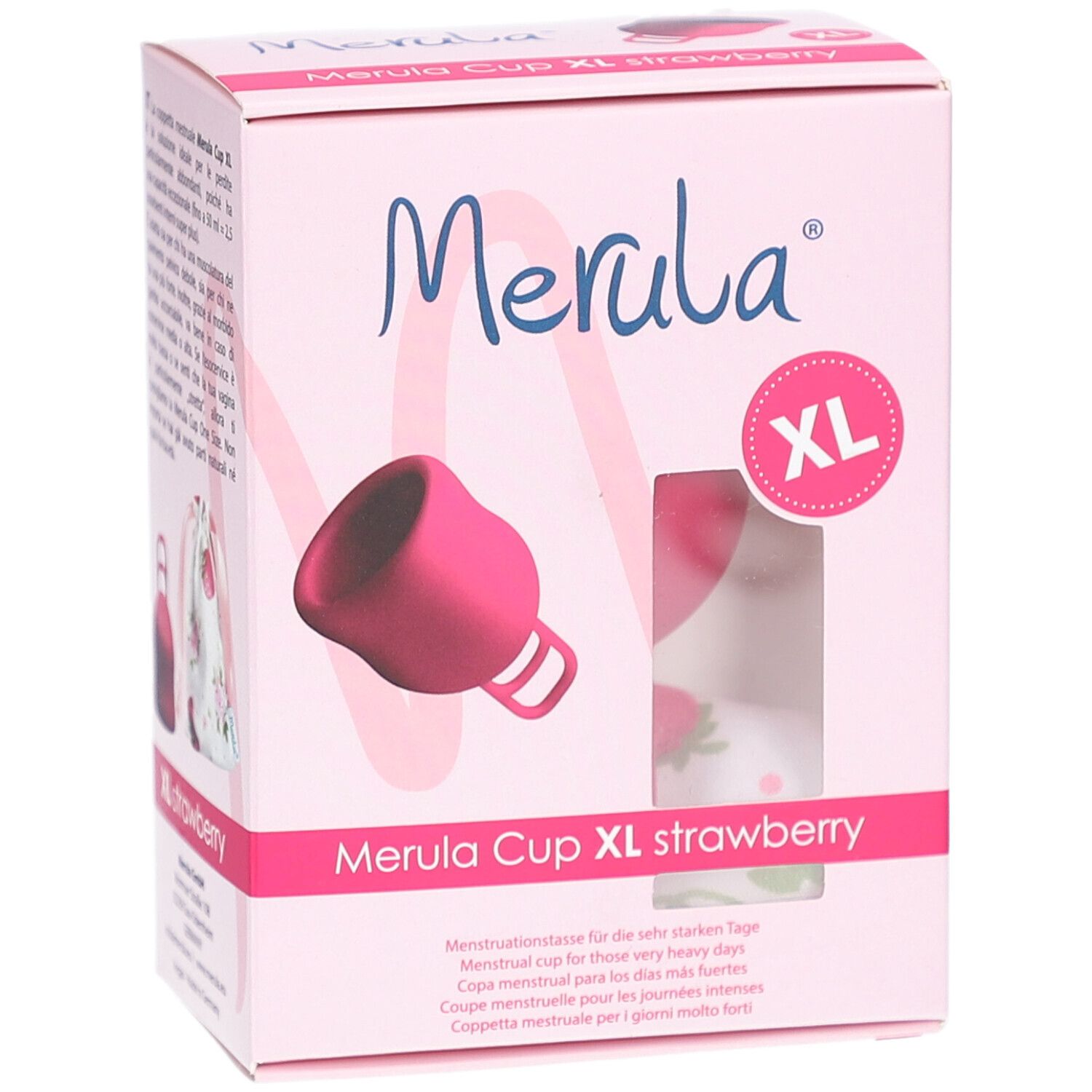 Boîte rose Merula Cup XL. Inscription: Merula, XL, fraise. Coupe menstruelle. Fenêtre avec coupe visible.