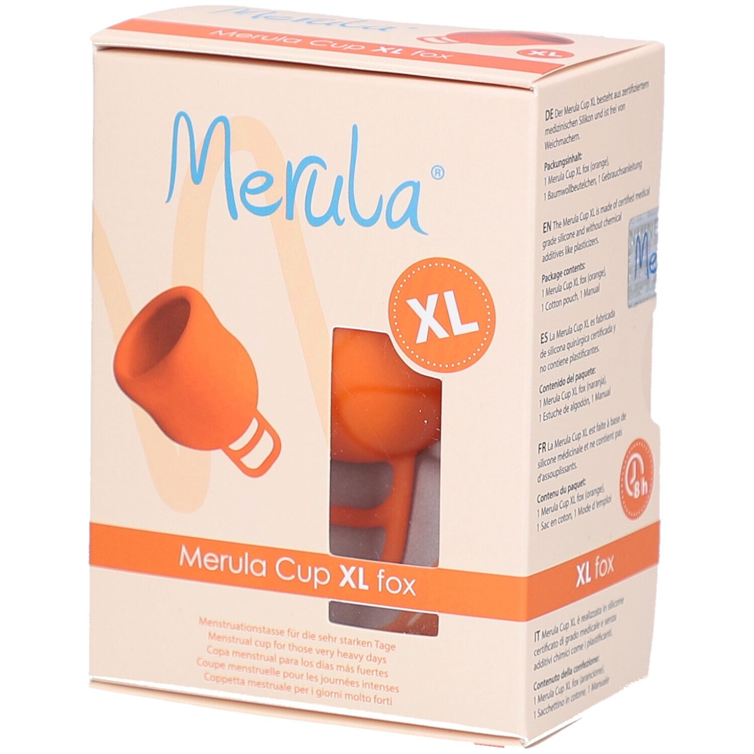 Boîte Merula Cup XL fox. Coupe menstruelle orange. Texte et illustration du produit. Marque XL.