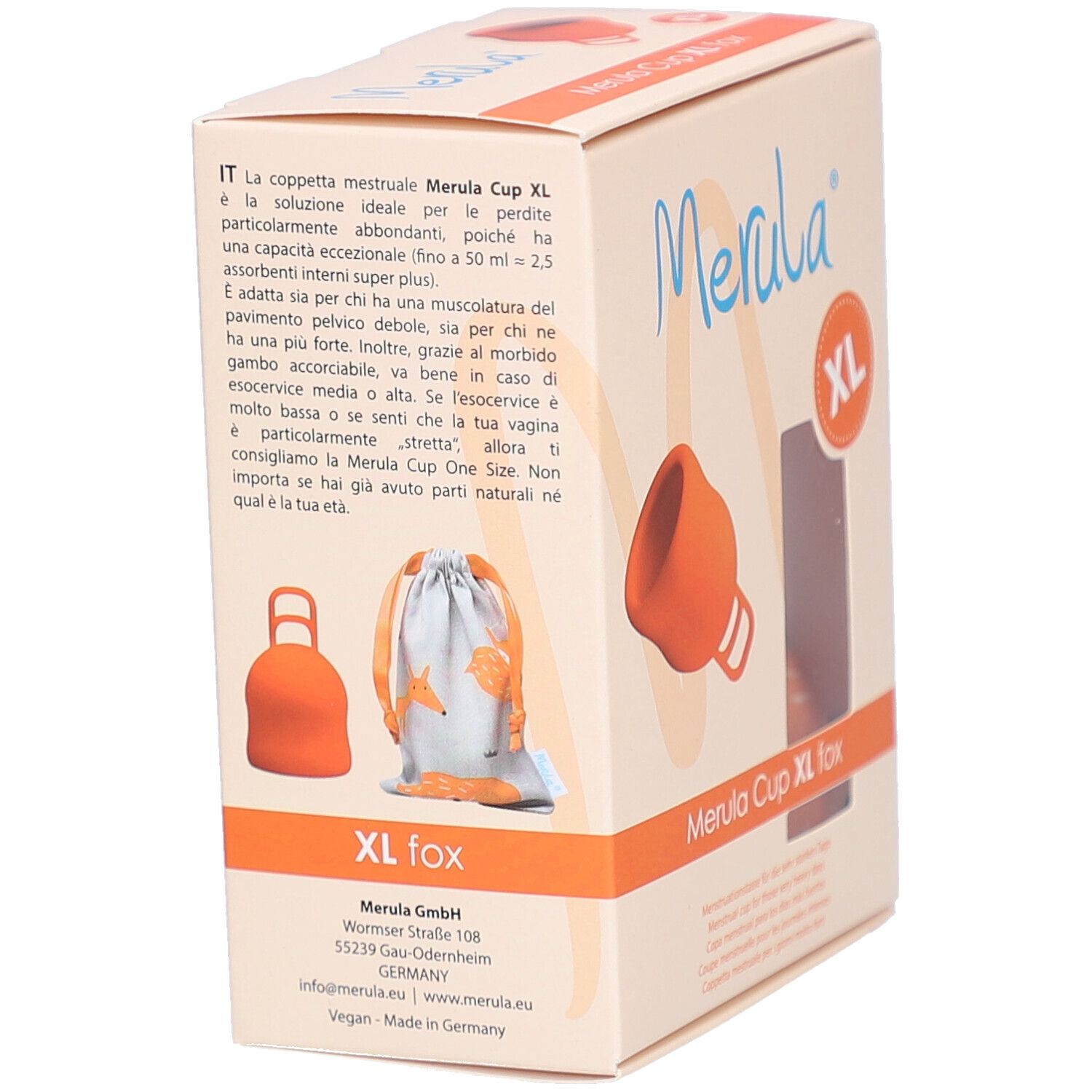 Dos de la boîte Merula Cup XL fox. Coupe menstruelle, sac, texte. Marque XL.