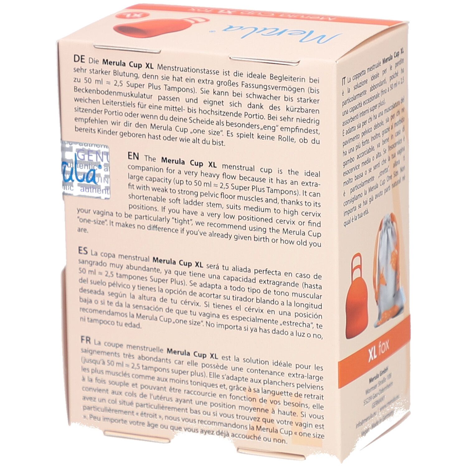 Boîte Merula Cup XL fox. Texte, illustration, sac. Marque XL.