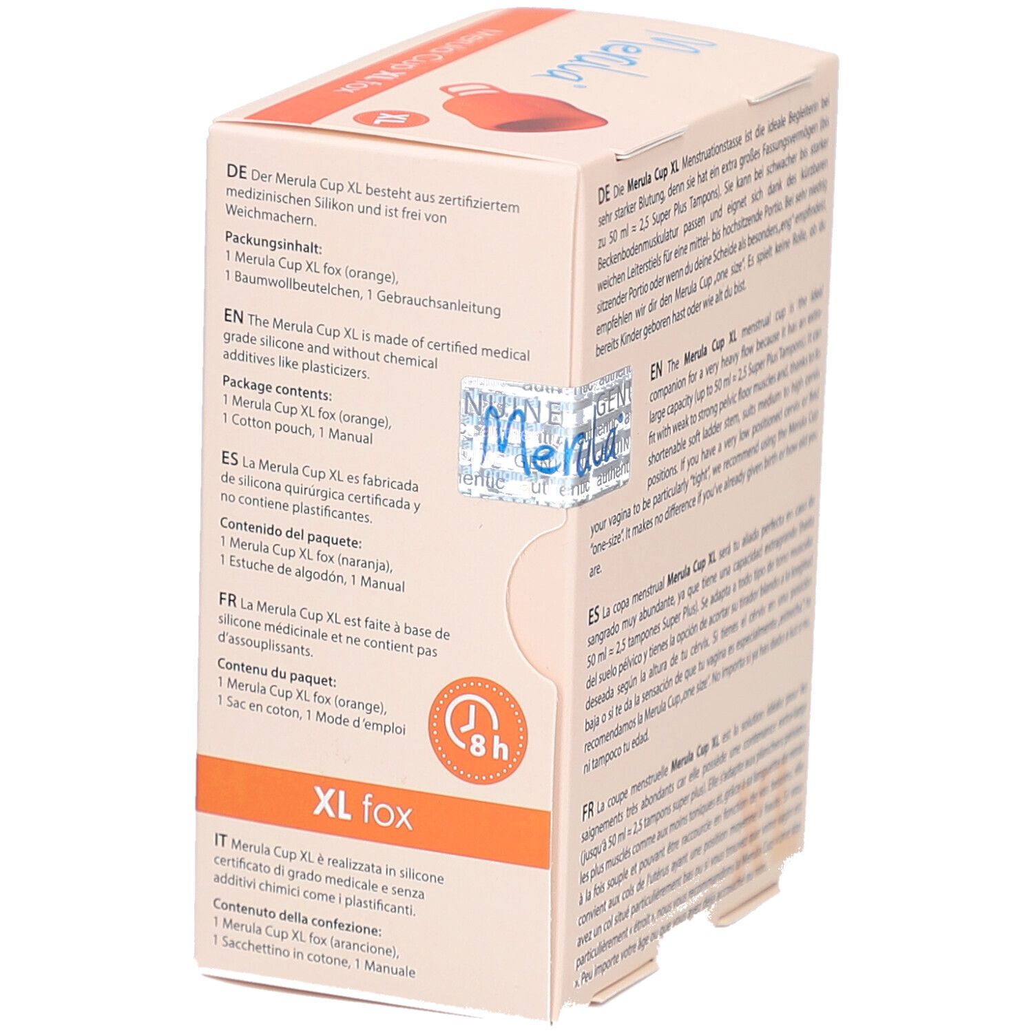 Boîte Merula Cup XL fox. Texte, illustration, contenu. Marque XL.