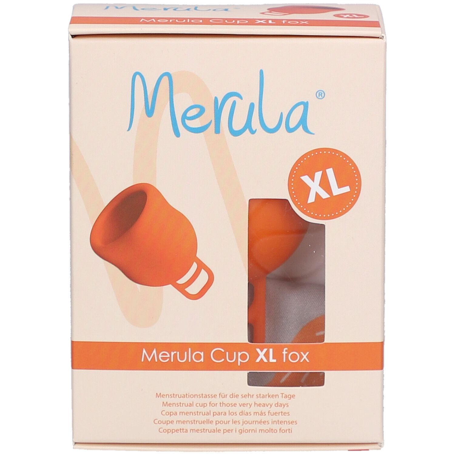 Face avant de la boîte Merula Cup XL fox. Illustration, texte. Marque XL.