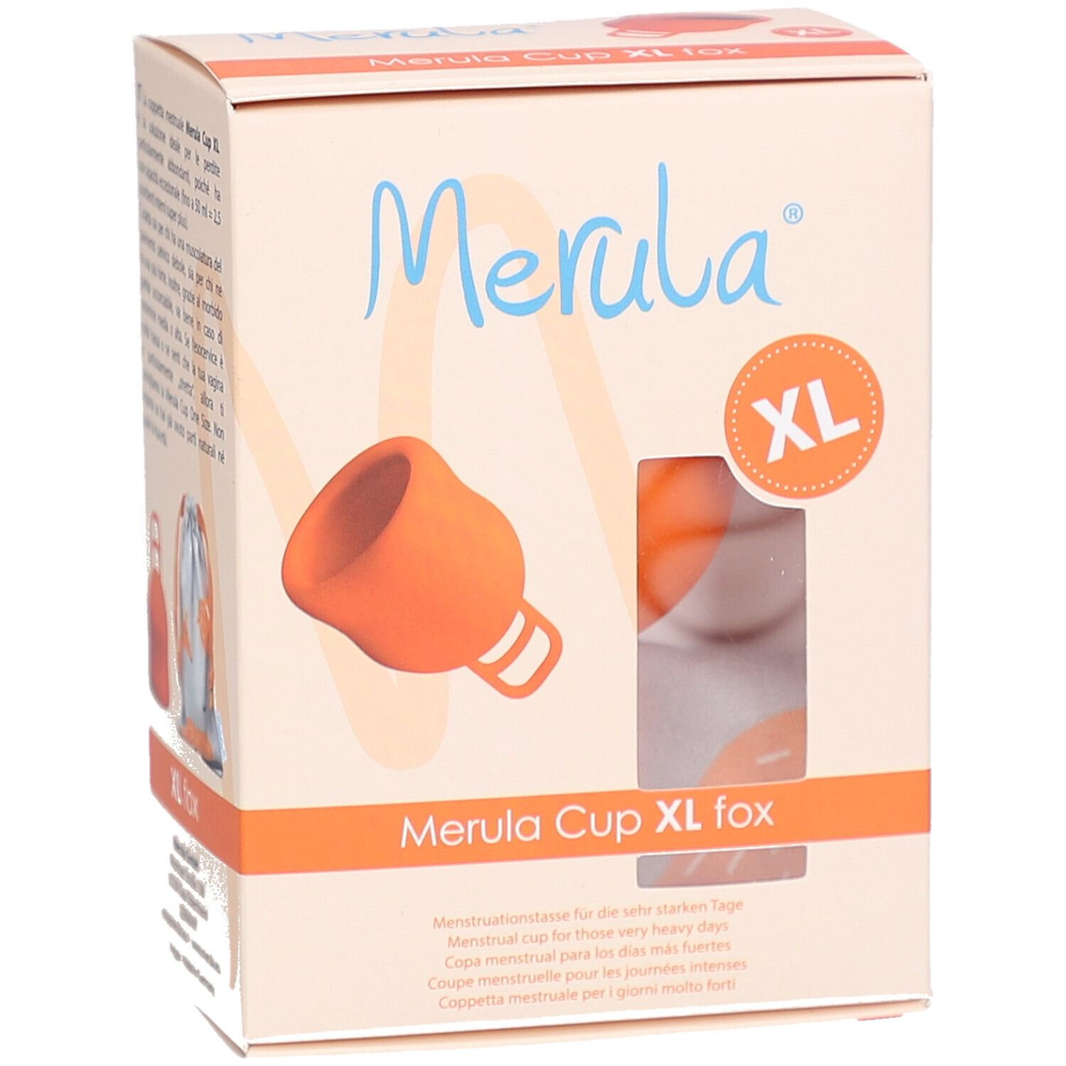 Boîte Merula Cup XL fox. Illustration, texte. Marque XL.