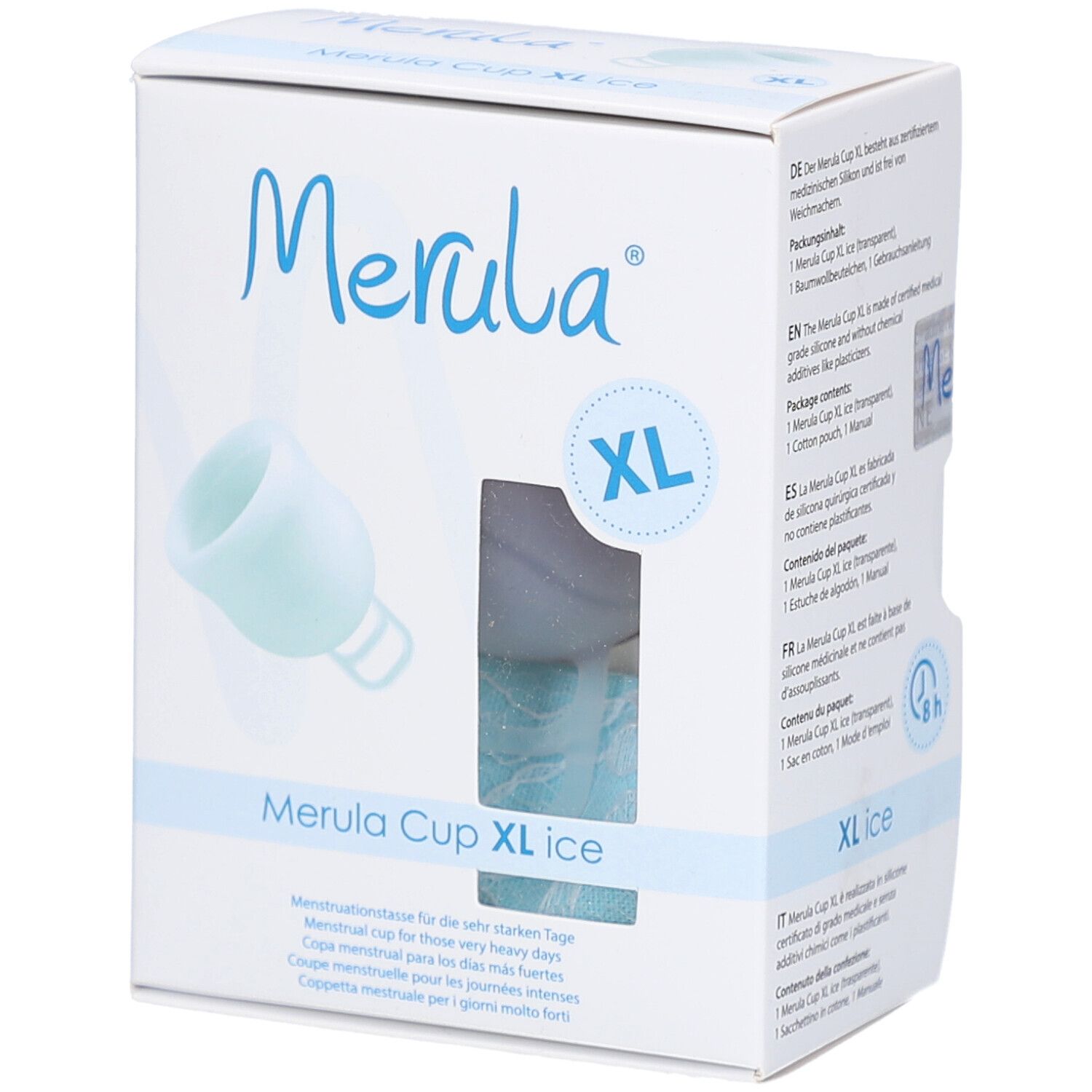 Merula Cup XL ice. Coupe menstruelle pour flux abondants. Boîte avec image du produit et indication XL.