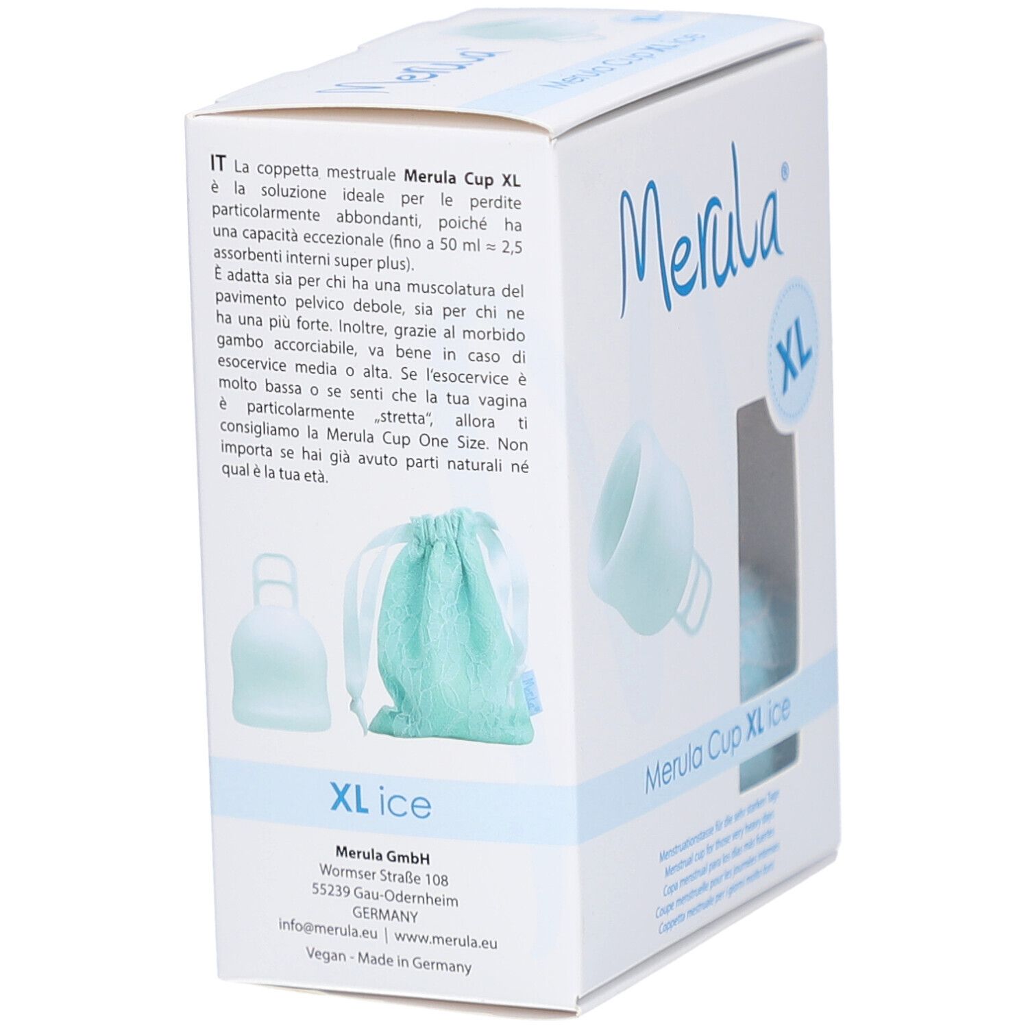 Emballage Merula Cup XL ice. Image du produit, pochette et informations. Indication XL.