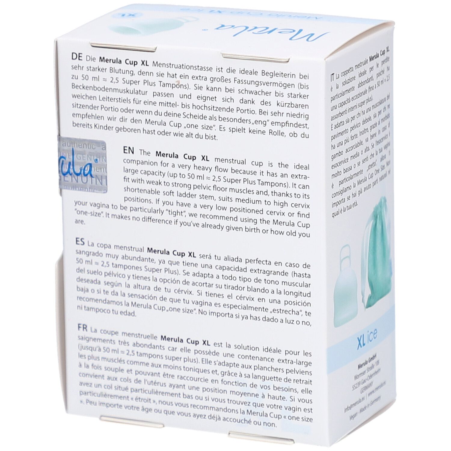Emballage Merula Cup XL ice. Informations sur le produit, image de la pochette et indication XL.