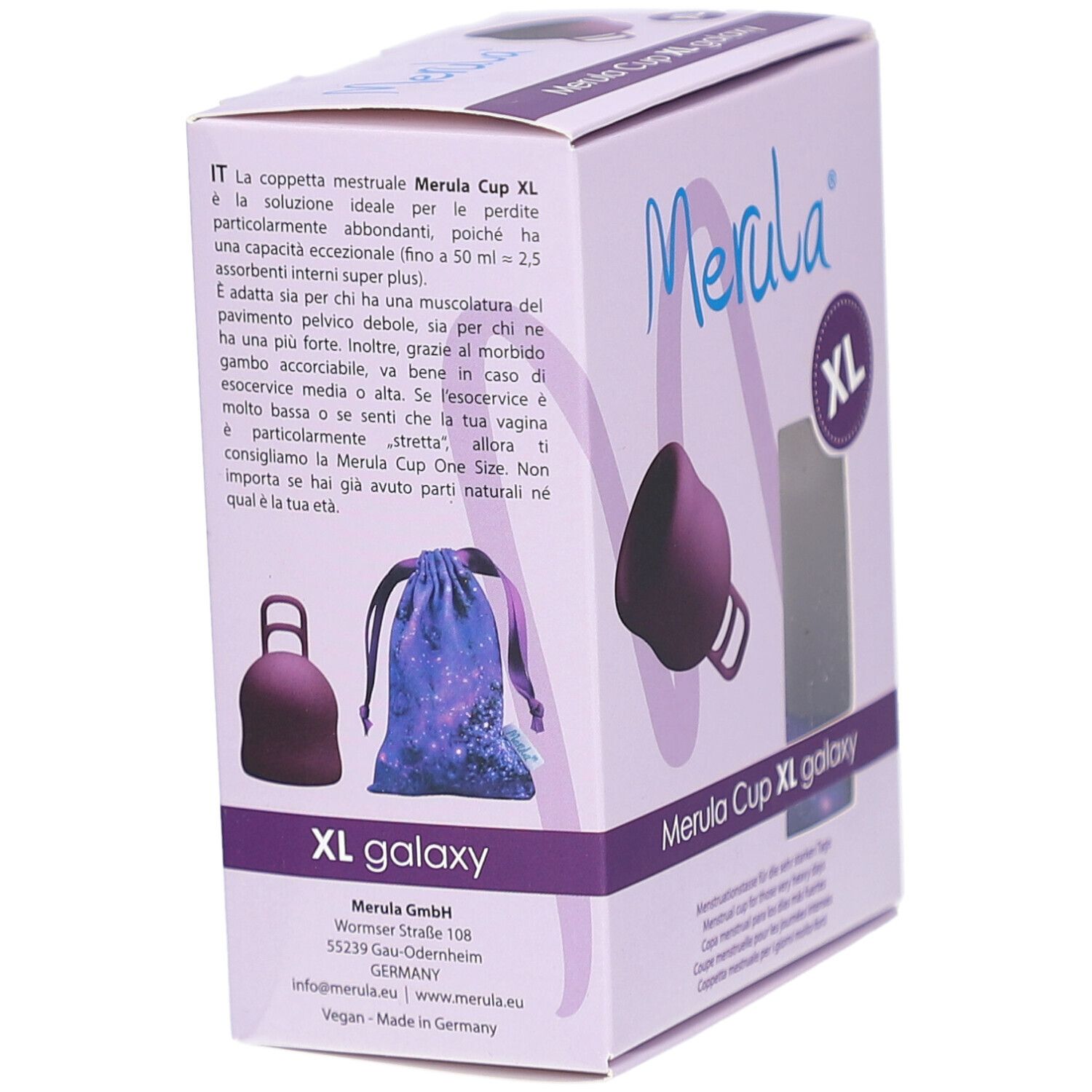 Boîte Merula Cup XL galaxy. Vue arrière avec image du produit et accessoires: pochette.