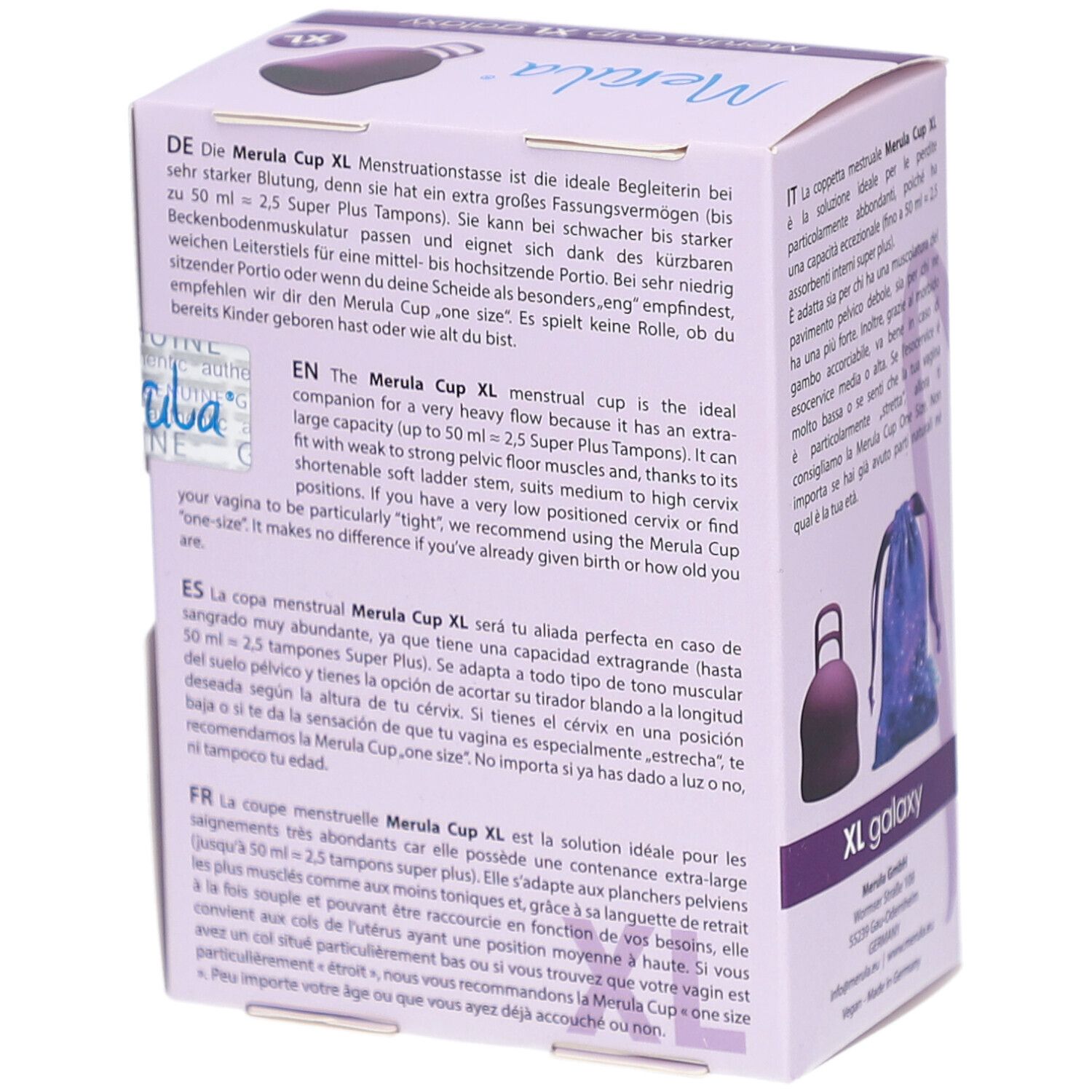 Boîte Merula Cup XL galaxy. Texte en allemand, anglais, espagnol et français. Image du produit.