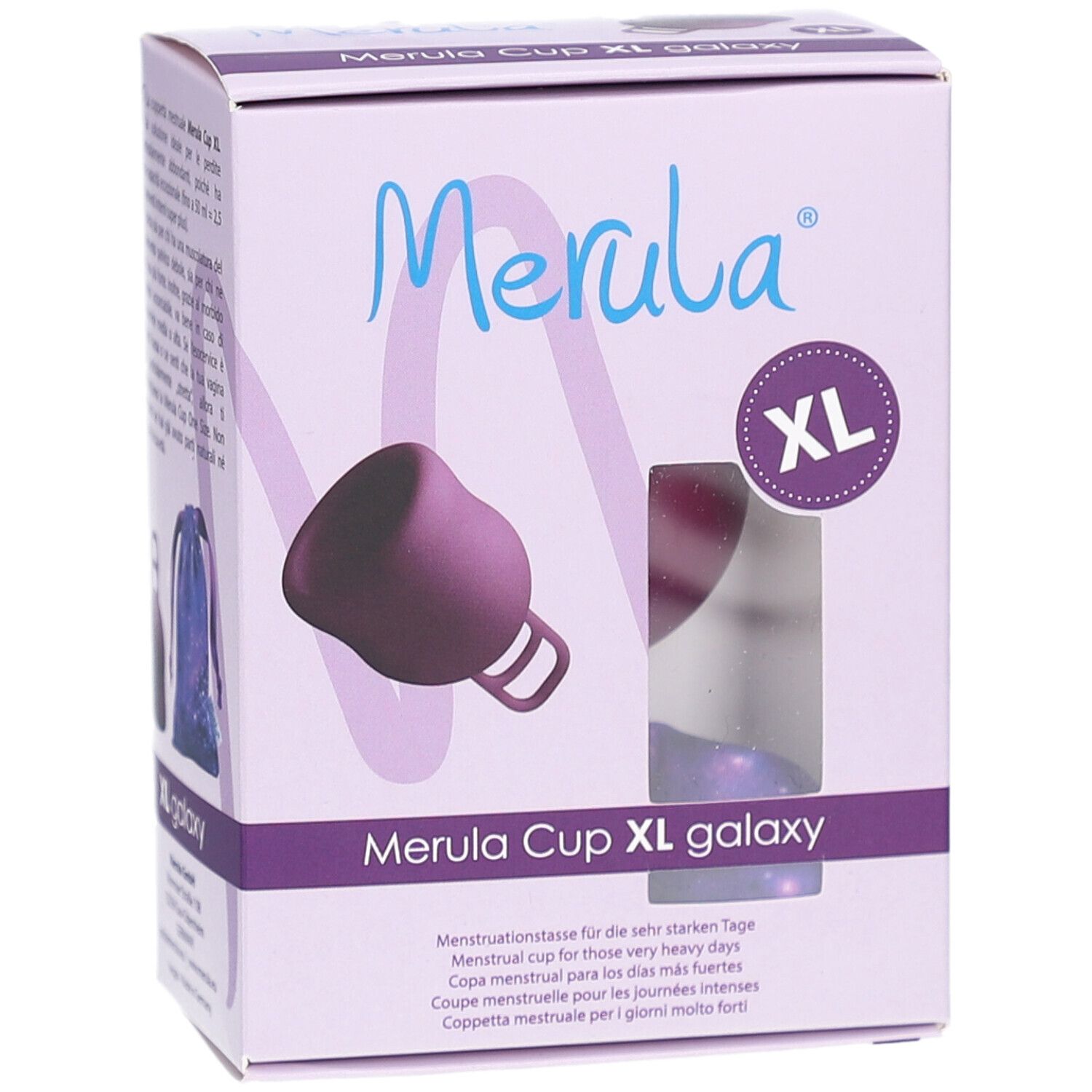 Boîte Merula Cup XL galaxy. Coupe menstruelle violette, taille XL. Fenêtre montrant le produit.