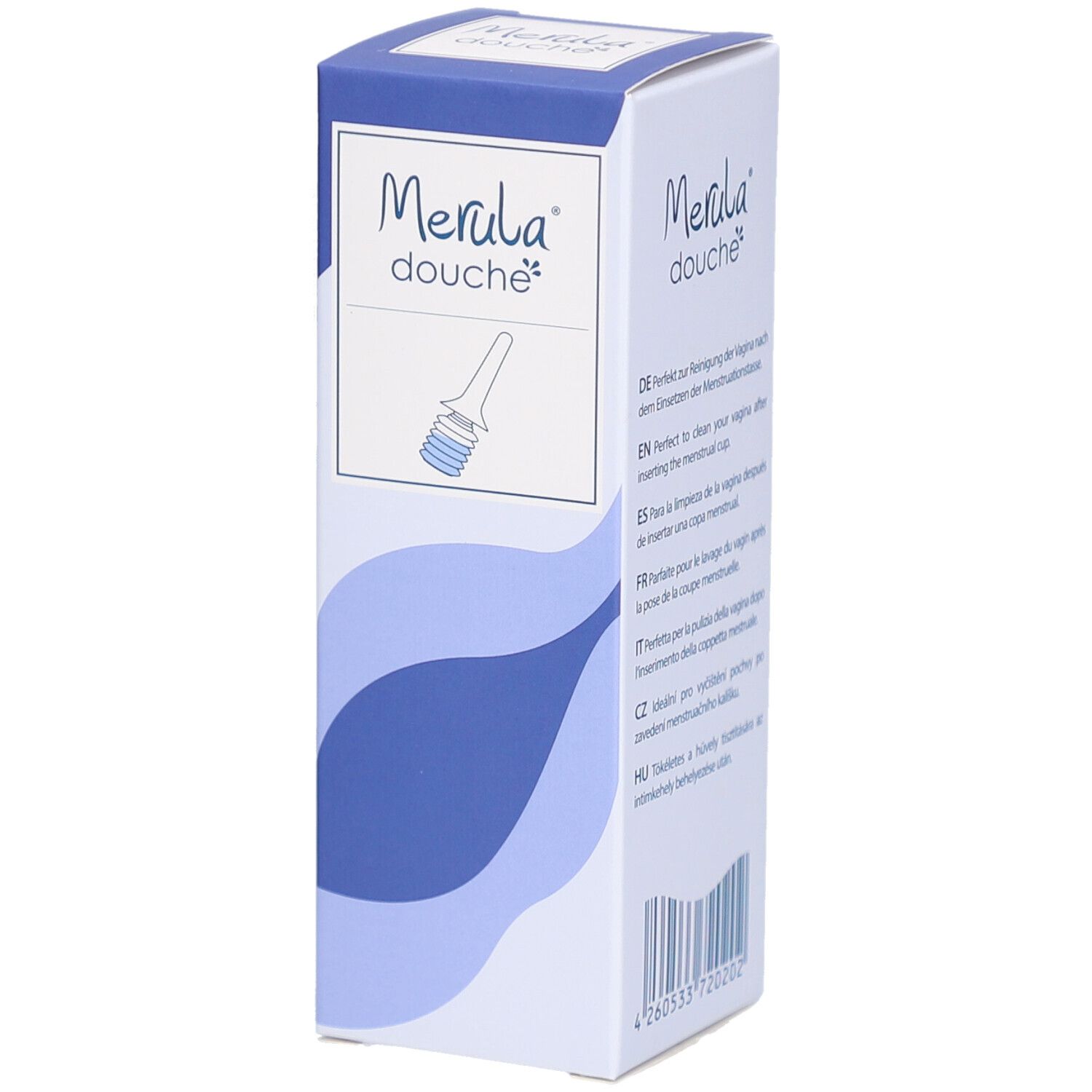 Boîte avec illustration et texte. Inscription: Merula Douche. Motifs bleus ondulés.