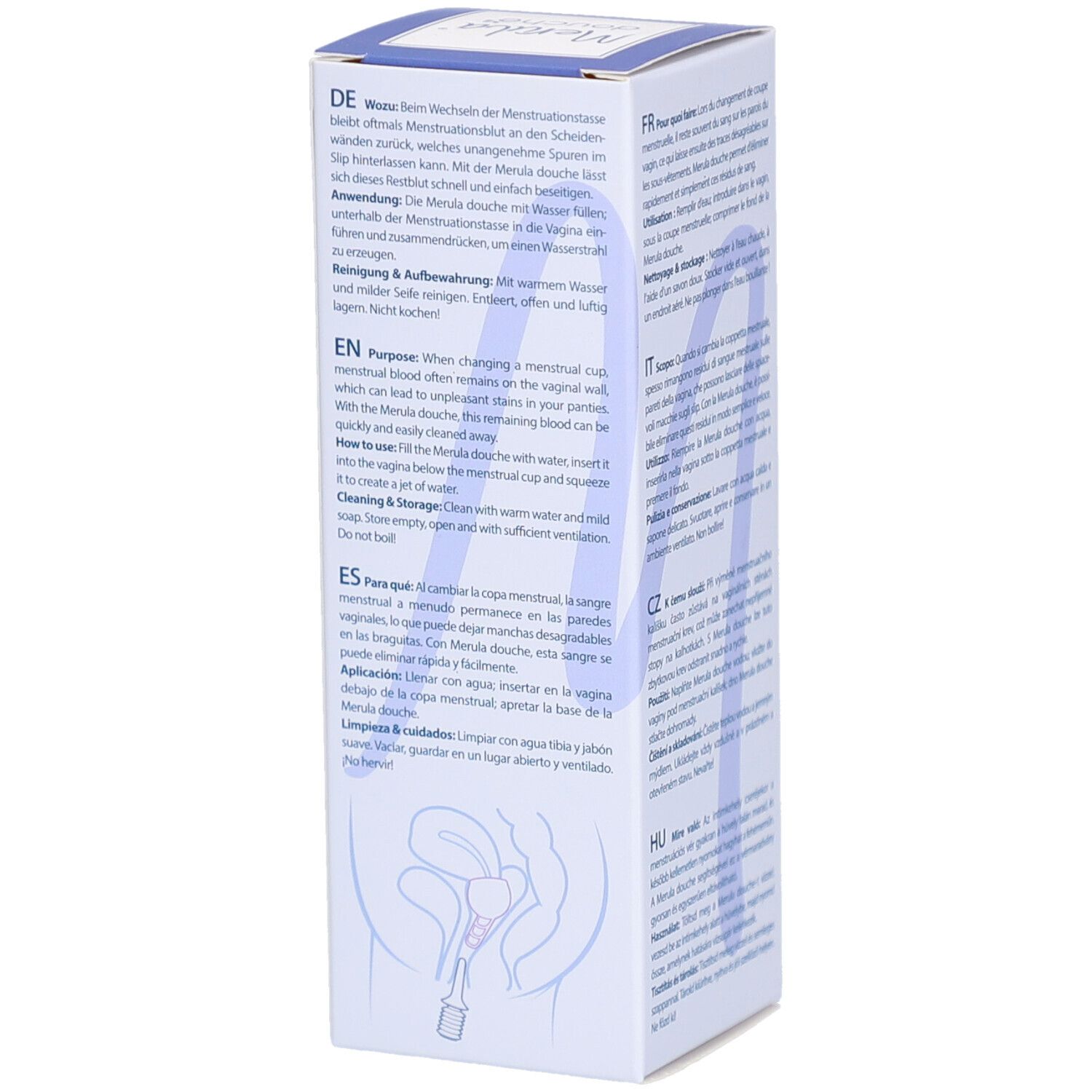 Boîte avec texte en plusieurs langues. Inscription: Merula Douche. Motifs bleus ondulés.