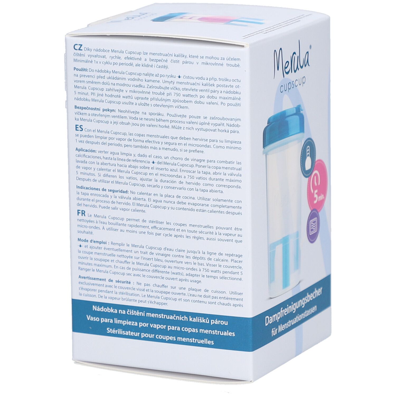 Emballage du produit, vue latérale. Inscription : Merula cupscup, gobelet de nettoyage vapeur pour coupes menstruelles. Texte multilingue.