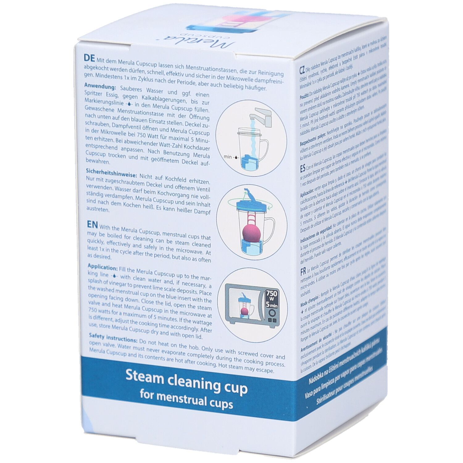 Emballage du produit, dos. Inscription : Merula cupscup, gobelet de nettoyage vapeur pour coupes menstruelles. Illustrations d'utilisation.