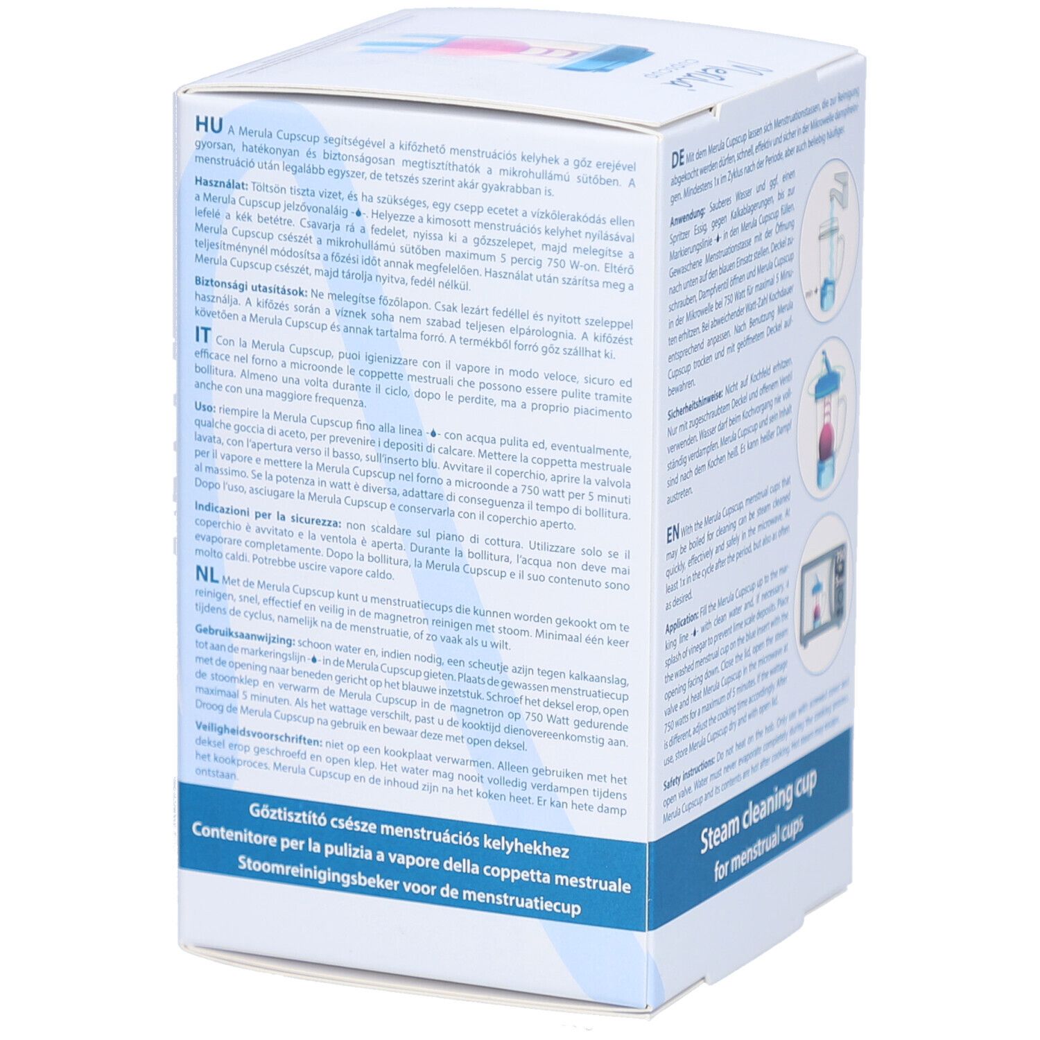Emballage du produit, dos. Inscription : Merula cupscup, gobelet de nettoyage vapeur pour coupes menstruelles. Texte multilingue.