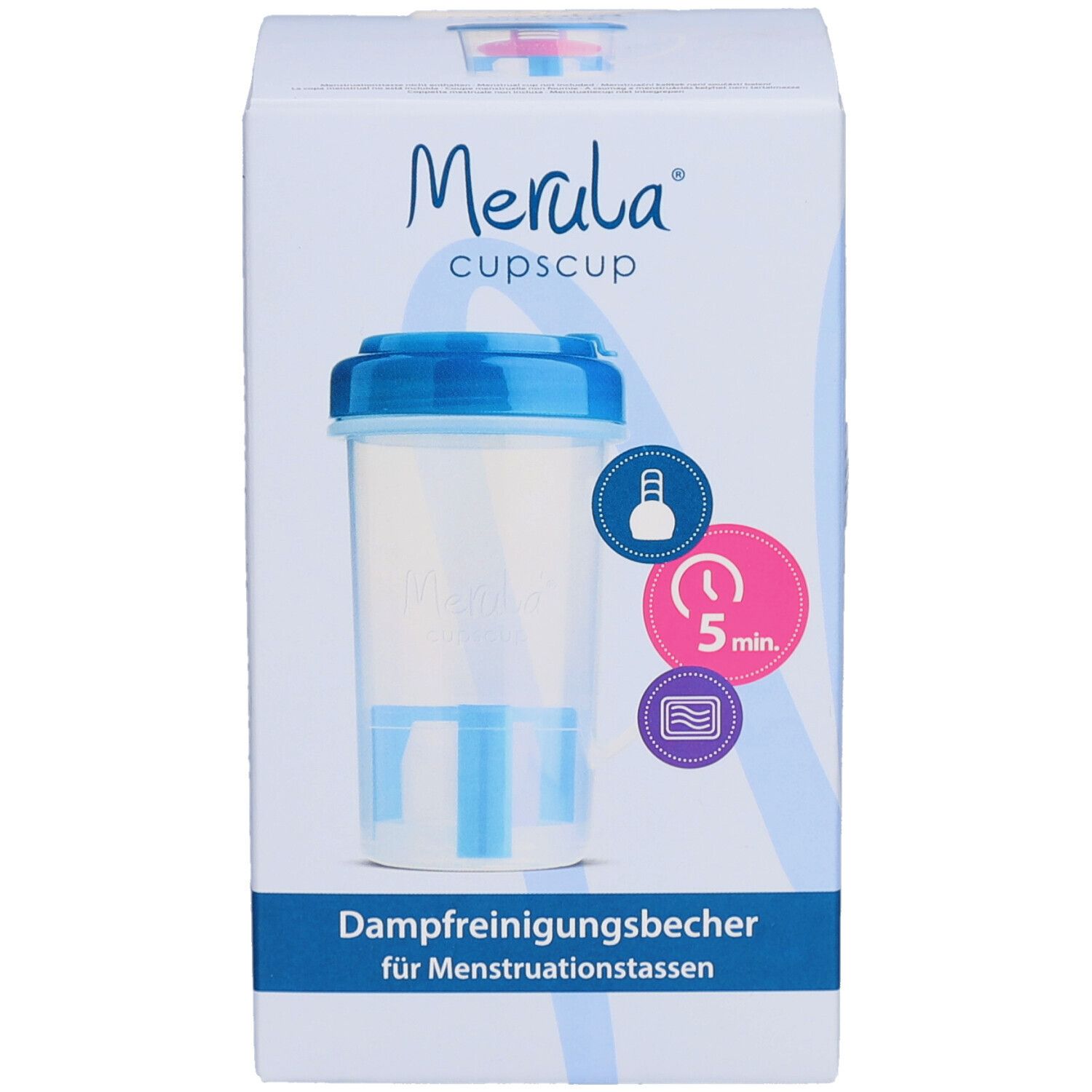 Emballage du produit, vue de face. Inscription : Merula cupscup, gobelet de nettoyage vapeur pour coupes menstruelles. Gobelet bleu.