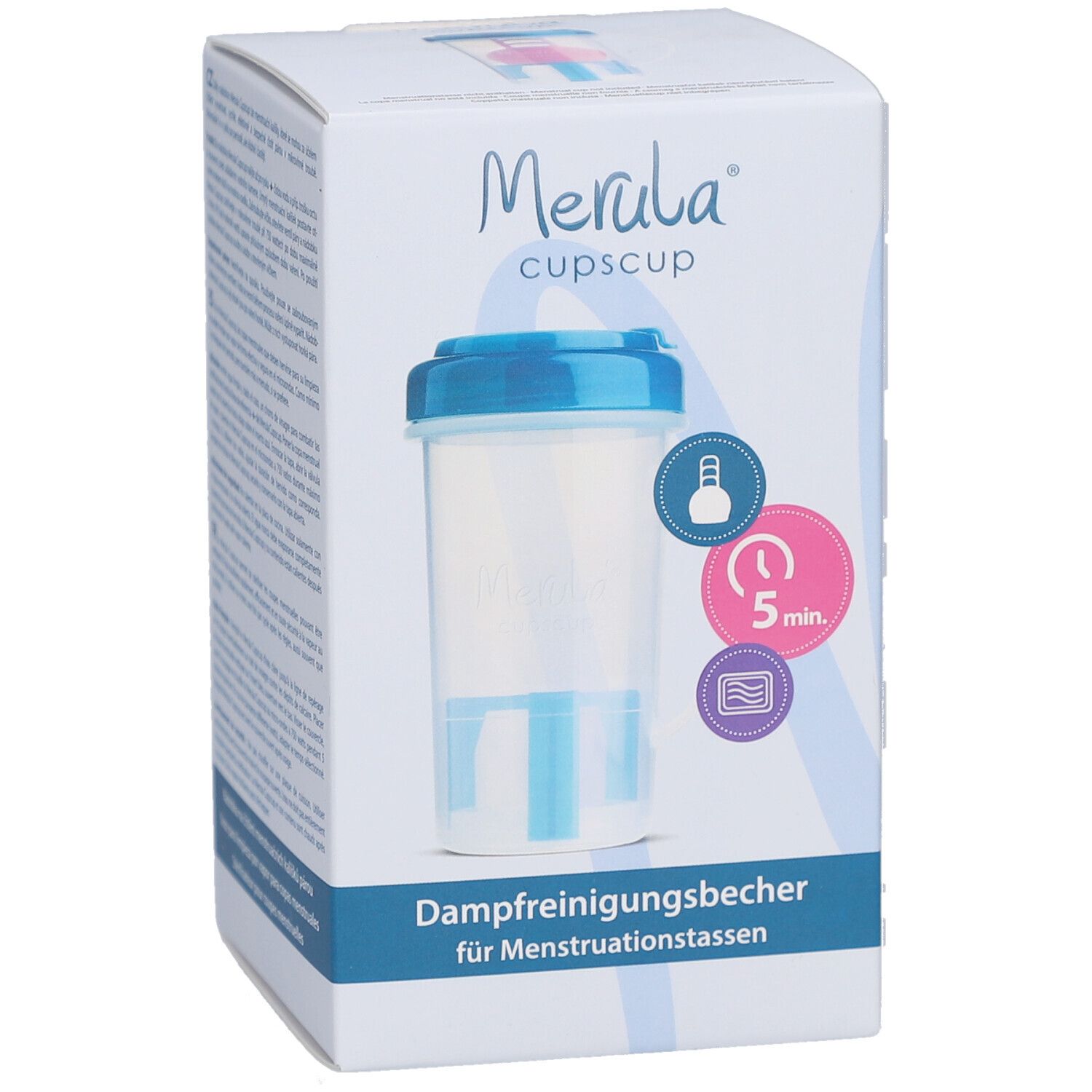 Emballage du produit, vue de face. Inscription : Merula cupscup, gobelet de nettoyage vapeur pour coupes menstruelles. Gobelet bleu.