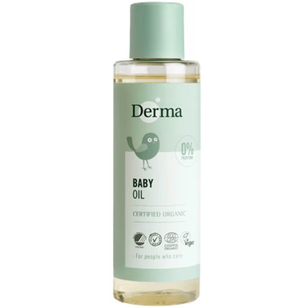 Flacon d'huile pour bébé avec étiquette verte. Inscription: Derma, Baby Oil/Huile, 0% Parfum. Certifié bio. Illustration d'oiseau.