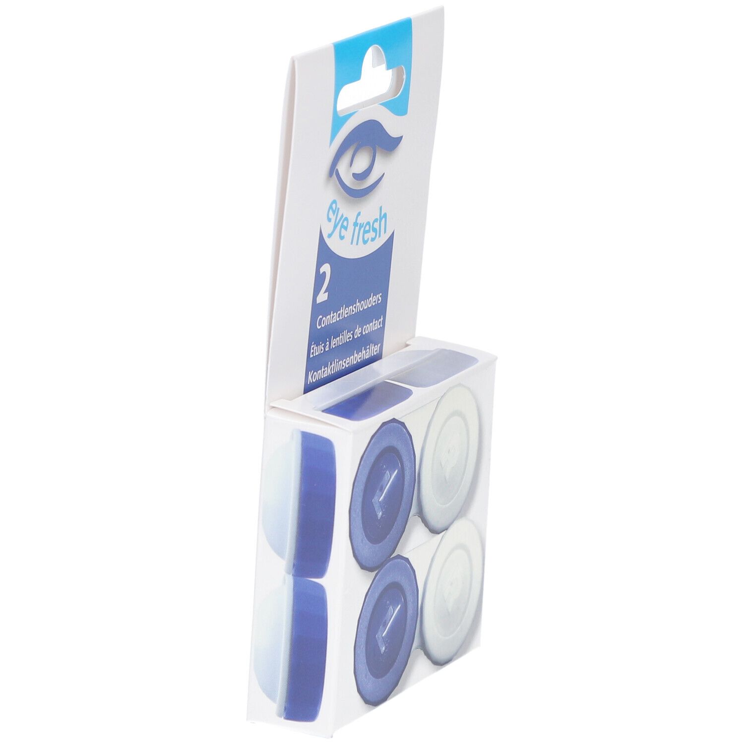 Emballage avec deux étuis à lentilles. Étuis bleus et blancs visibles. Logo eye fresh.