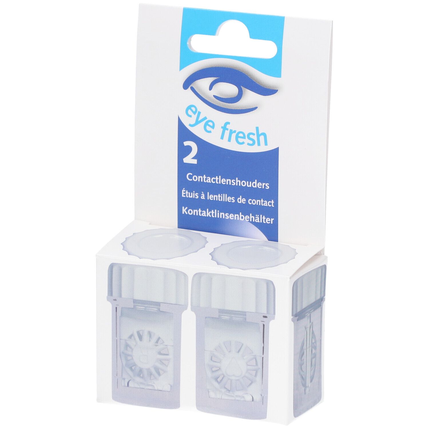 Deux étuis à lentilles de contact dans un emballage. Marque : eye fresh. Récipients carrés transparents avec couvercles.