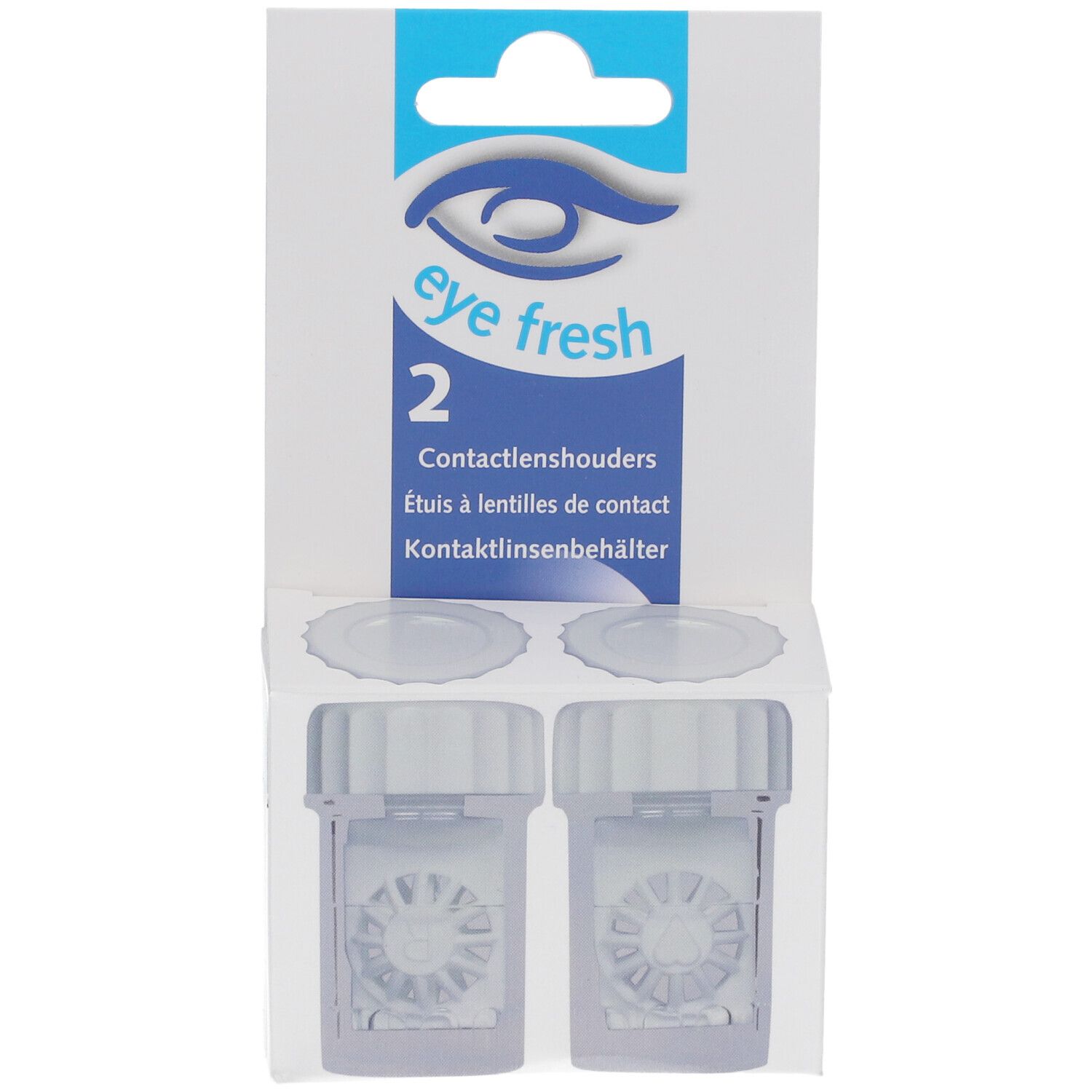 Deux étuis à lentilles de contact dans un emballage. Marque : eye fresh. Récipients carrés transparents avec couvercles.