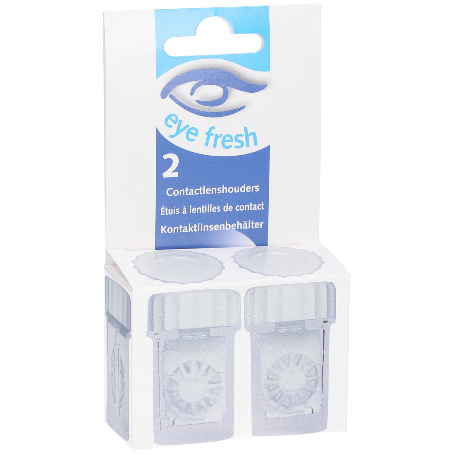 Deux étuis à lentilles de contact dans un emballage. Marque : eye fresh. Récipients carrés transparents avec couvercles.