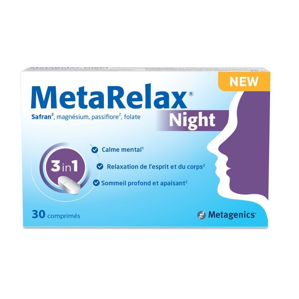 Boîte MetaRelax Night, 30 comprimés. Contient safran, magnésium, passiflore, folate. Étiquette « NEW ».