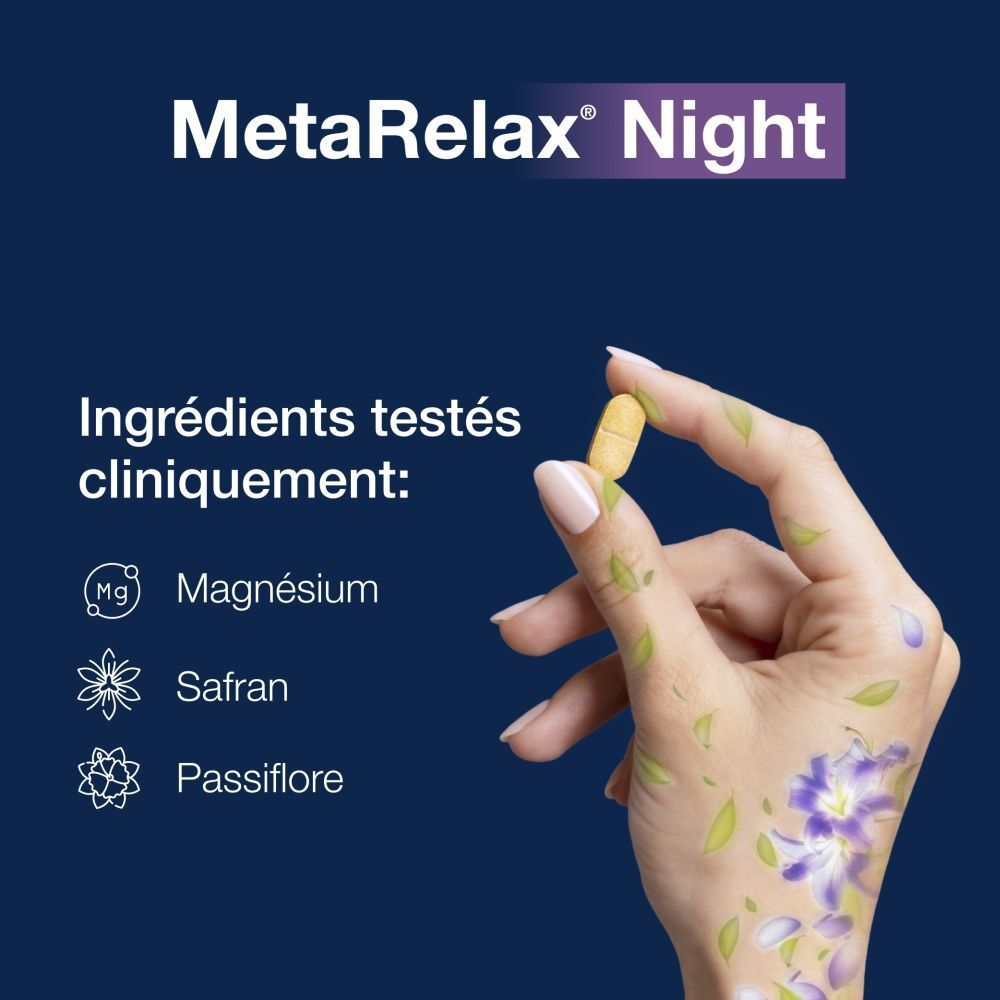 MetaRelax Night. Main avec comprimé et fleurs. Magnésium, safran, passiflore. Ingrédients testés cliniquement.