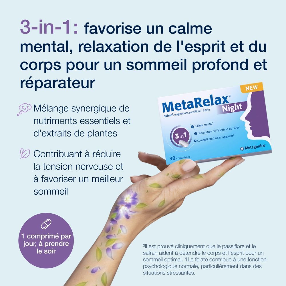 MetaRelax Night. Illustration avec comprimé et fleurs. 3-en-1 : calme mental, détente et sommeil.