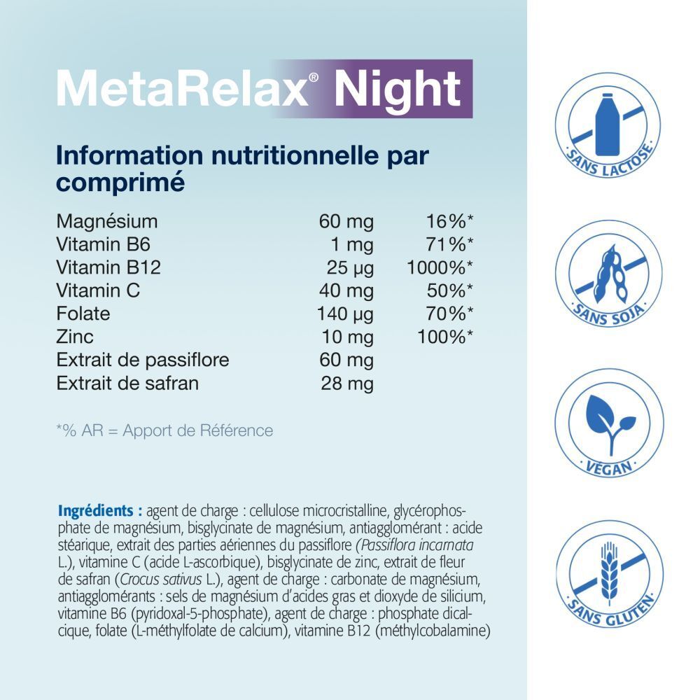 MetaRelax Night. Informations nutritionnelles par comprimé. Contient magnésium, vitamines, zinc, passiflore, safran.