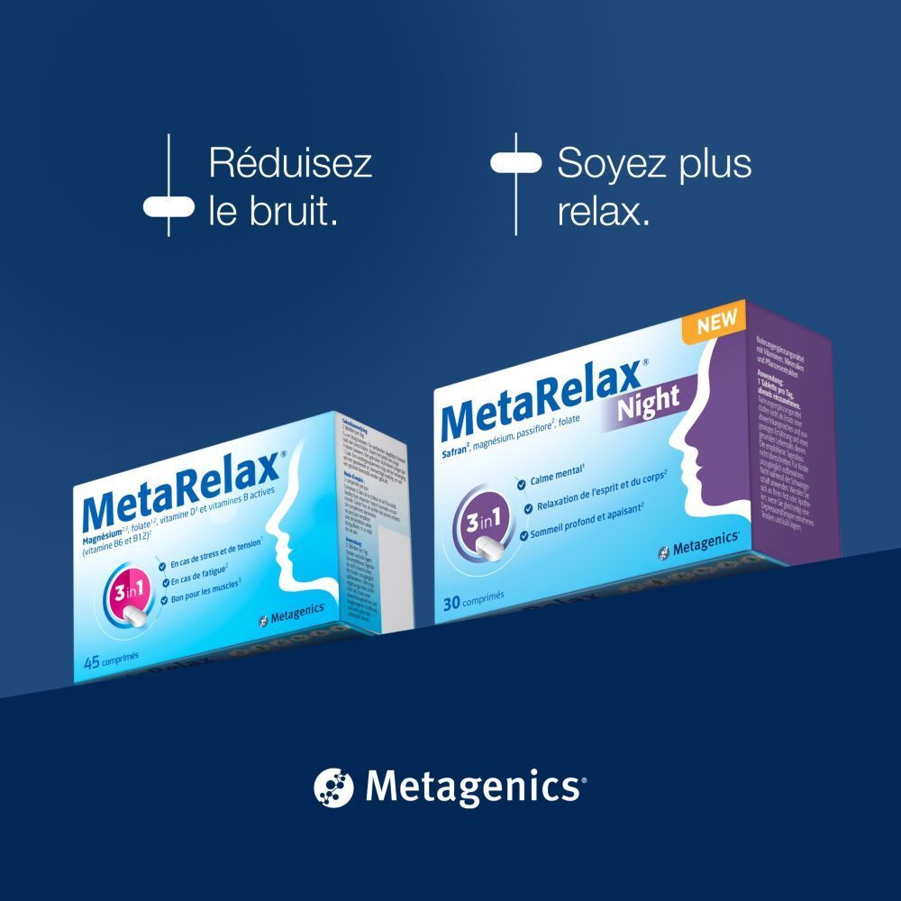 Boîtes MetaRelax Night. 45 et 30 comprimés. Réduisez le bruit, soyez plus détendu. Avec « NEW ».