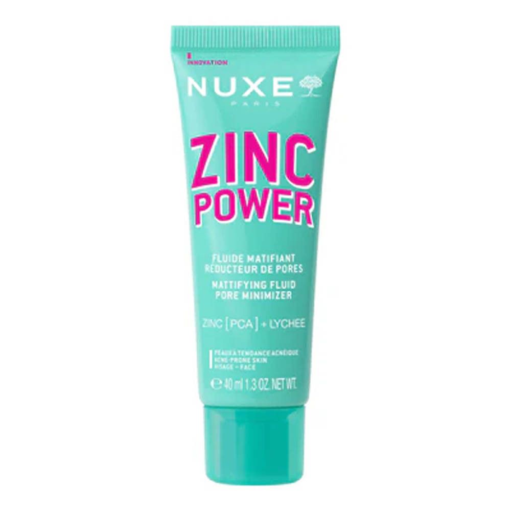 Tube turquoise avec texte rose ZINC POWER. Inscription: Fluide Matifiant Reducteur De Pores, Mattifying Fluid Pore Minimizer. Marque NUXE.