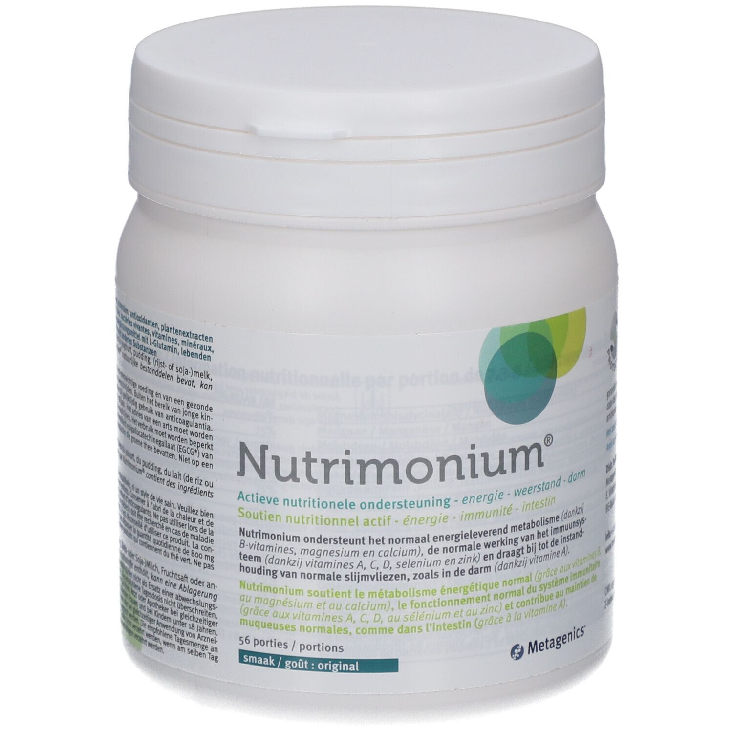 Pot blanc de complément alimentaire Nutrimonium. Inscription : Active nutritionelle ondersteuning. Logo Metagenics.