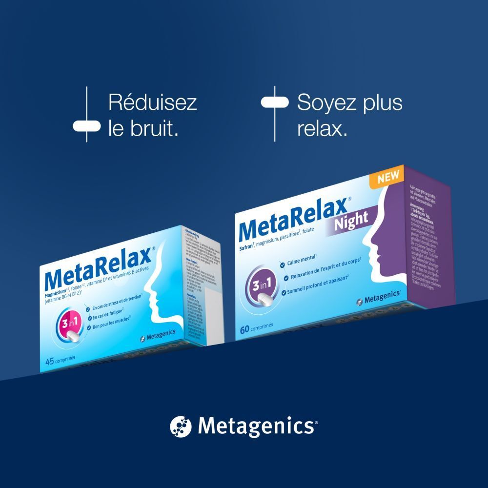 Boîtes MetaRelax Night. Réduisez le bruit, soyez plus relaxé. Texte en français.