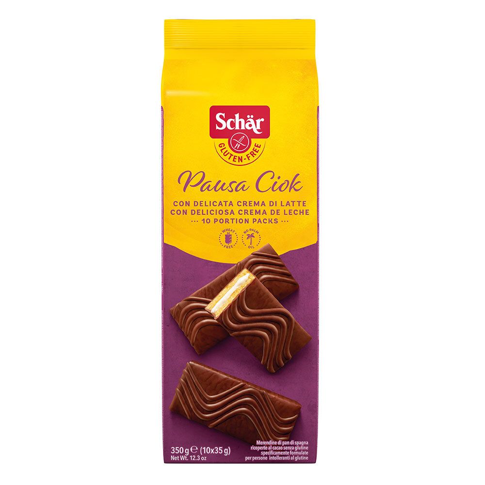 Emballage de Schär Pausa Ciok sans gluten. Design jaune et violet. Montre le produit et le texte : Pausa Ciok, sans gluten, 10 portions.