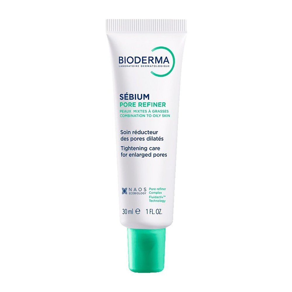 Tube Bioderma Sébium Pore Refiner, 30ml, bouchon turquoise et logo.