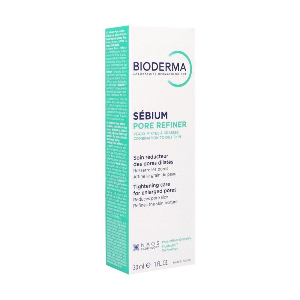 Face avant de la boîte Bioderma Sébium Pore Refiner avec textes français.