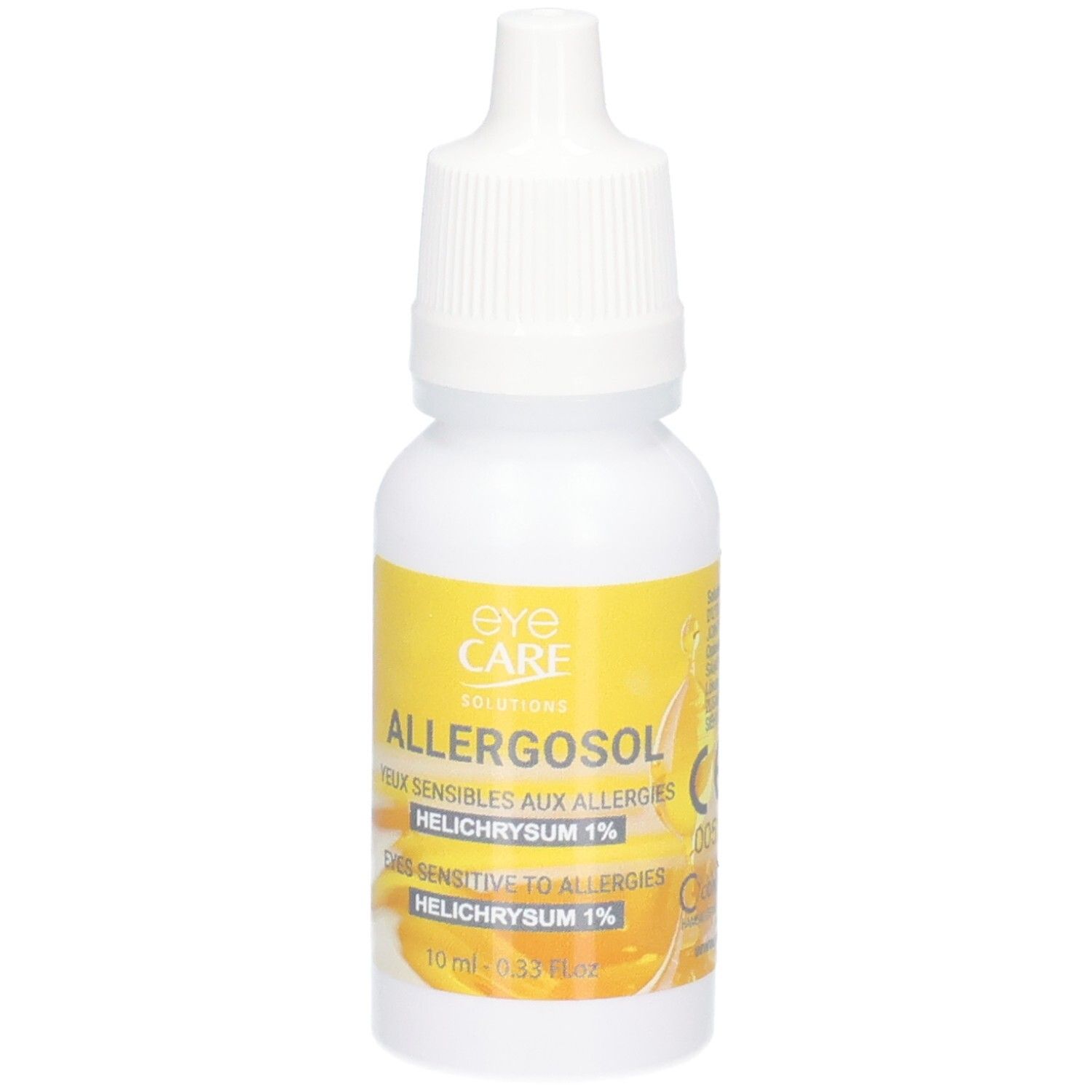 Flacon compte-gouttes blanc avec étiquette jaune pour Allergosol, 10 ml.