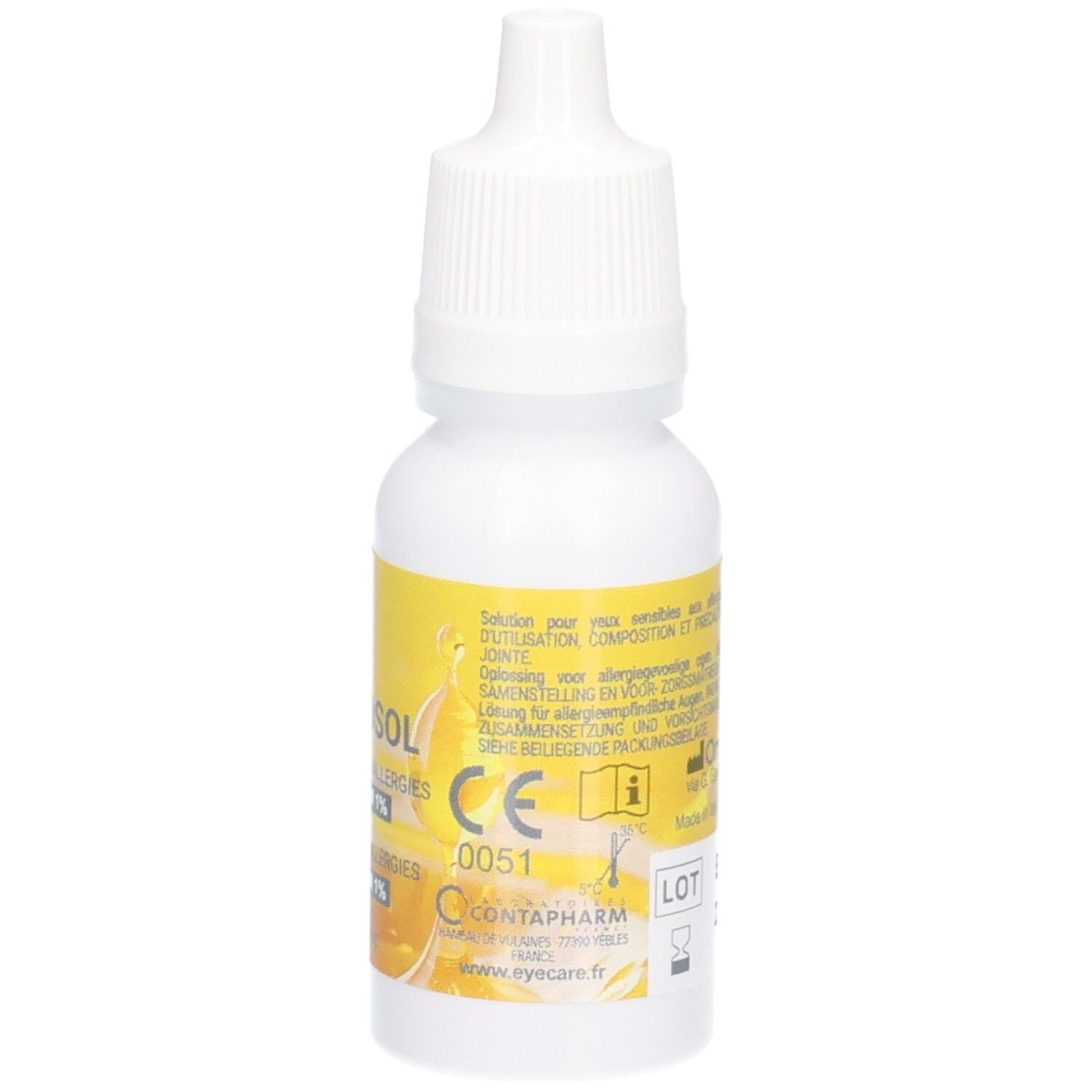 Arrière d'un flacon compte-gouttes blanc avec étiquette jaune, marquage CE et instructions visibles.