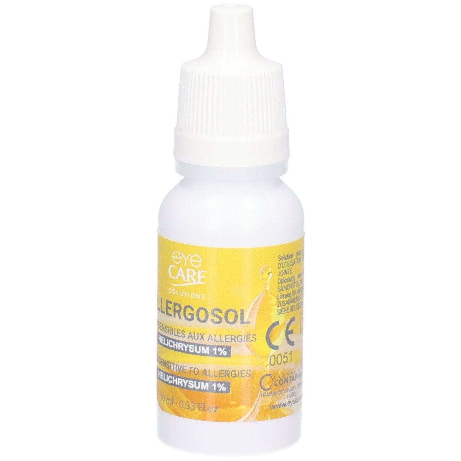 Flacon compte-gouttes blanc avec étiquette jaune, marquage CE et nom du produit Allergosol visibles.