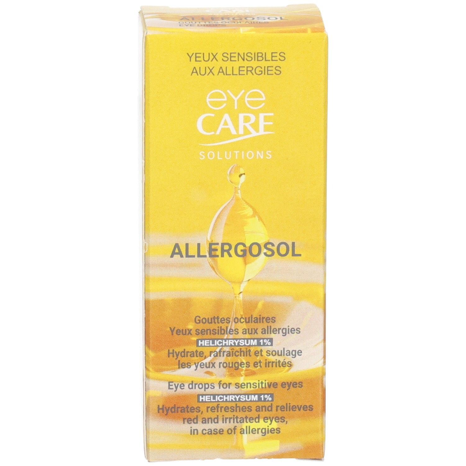 Flacon et emballage de gouttes oculaires Allergosol, design jaune avec motif de goutte.