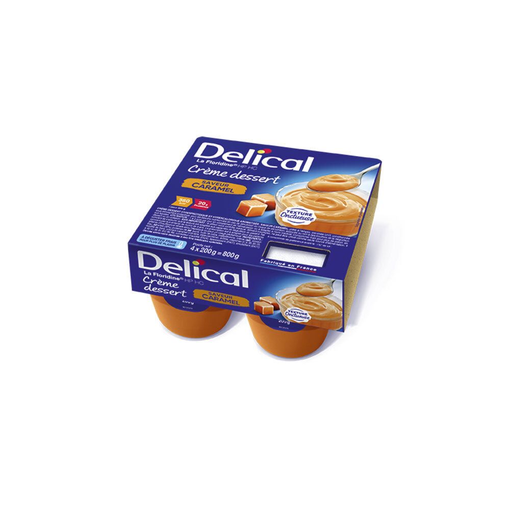 Boîte de 4 crèmes dessert caramel. Emballage bleu avec nom et image du produit. Pots individuels oranges.